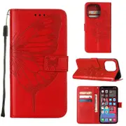 For iPhone 14 Pro Case, Embossed Floral Butterfly, PU Leather Wallet Cover, Lanyard, Stand, Red