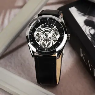 GUESS 手錶 | 三眼日期顯示 鏤空錶盤 銀x黑 真皮錶帶 GW0389G1