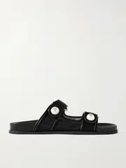 [Jimmy Choo] Jimmy Choo - Fayence Leather-trimmed Faux Pearl-embellished Mesh Slides - Black - IT39 IT 39 Black