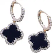 Gold Plated 925 Sterling Silver Gem Hoop Earrings Clover Designs with Crystal Charms Crystal Natural Gemstone Dangle Earrings for Women_ Onyx Black