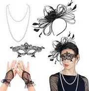 [JIEYUMAO] Fascinators Hat Sets, Black Mesh Feather Fascinators for Women, Tea Party Headband Flower Mesh Veil Headdress Mesh Feathers Headwear with Mask Gloves Necklace for Cocktail Party Wedding