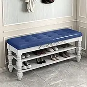 Vintage Solid Wood with Tufted Leather Sitable Shoe Rack Shoe Storage Bench Shoe Changing Stool for Living Room Bedroom Entryway Hallway-Blue a 90x30x48cm(35x12x19inch)