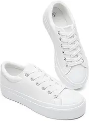 [BABUDOG] Womens Synthetic Leather Platform Sneakers,White Platform Shoes,Lace-up Tennis Shoes for Women,Comfortable Casual Shoes