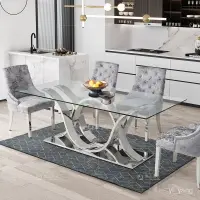 在飛比找蝦皮購物優惠-現代輕奢不銹鋼餐臺創意玻璃餐桌椅組閤簡約傢用長方形6人喫飯桌