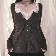 Long Sleeve Square-Neck Plain Cable-Knit Button-Up Loose-Fit Knit Top Dark Gray - M