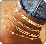 [CharmBurst] Pack of 4 Anklets for Women, 4 Layers Adjustable Anklet Set, Waterproof and Hypoallergenic, Summer Beach Foot Jewellery, Women's Anklets Link Chain