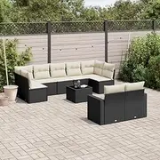 10 Piece Black Poly Rattan Garden Sofa Set with Cushions, Outdoor Furniture for Patio, Deck, Porch - Modular Design with Storage and Tempered Glass Table, Weatherproof and Durable