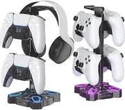 KDD Gaming Headphones Stand, Rotatable Headset Stand with 9 Light Modes - Controller Holder with 2 USB Charging Ports and 3.5mm & Type-C Port - Earphone Hanger Accessories for Desktop Gamer(Black)