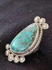 Blue Spiderweb Turquoise Navajo Sterling Silver Ring Size 7 01641