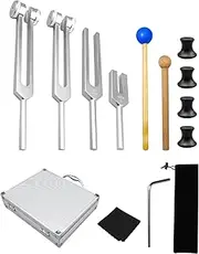 4 Pcs Tuning Fork Set (128Hz, OM 136.1Hz, MI 528Hz, 4096Hz), Solfeggio Tuning Fork Set with Rubber Mallet Sound Tool and Aluminum Box for Sound Regulation Stress Reduction Yoga Meditation Relaxation