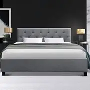 Artiss Double Bed Frame Platform Tufted Headboard Wooden Frames Beds Base Bedroom Room Decor Home Furniture, Upholstered with Grey Faux Linen Fabric + Foam + Wood, Modern Design