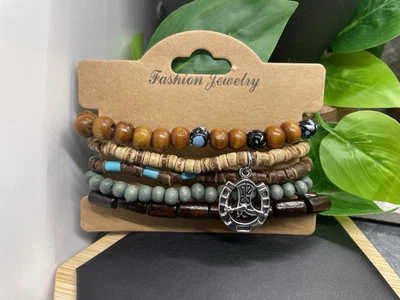 5 PC Handmade Boho Wood Bead Stackable 7” Plus Stretch Charm Bracelet Set B5491
