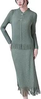 [HEYDHSDC] Women V-Neck Fringe Skirt 2-Piece Set Simple Fish Scale Pleated Slim Skirt Suit Set Spring