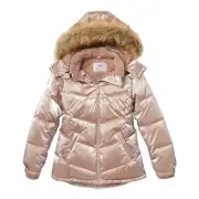 Justice Girls Puffer Jacket Rose Gold Pink Hood Pockets Sherpa Lined Size 10