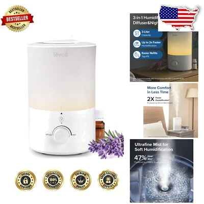 Quiet 3L Top Fill Humidifier with Adjustable Mist and Essential Oil Diffuser