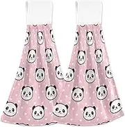 Panda Faces Pink Hand Towels with Hanging Loop Custom Oven Tie Towel Set of 2 Absorbent Fall Kitchen Towels Cute, 18.2 x 14 Inch