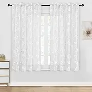 DWCN Sheer Curtains White Floral Lace Curtains Rod Pocket Window Curtains Drapes for Short Curtains Bedroom, Each W132 x D137 cm, Set of 2 Panels