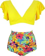 [COCOSHIP] Women's Retro Ruched Ruffle High Waist Two Piece Bikini Set Tie Knot Front Top Sport Bath Swimsuit
