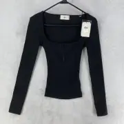 7 For All Mankind Top Women's Small Black Quarter Zip Ribbed Fitted Crop $128