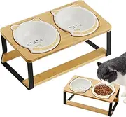 Cat Food Water Bowl Set - Wooden Elevated Pet Feeder | Raised Cat Bowls | Cat Elevated Food Bowl | Raised Cat Dish | Double Tall Ceramic Tilted Dish | Spill Proof Slanted For Pet Kitten Puppy Drinking