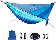 Camping Hammock with Net 300 kg Capacity, Portable Nylon Hammock with Tree Straps for Outdoor Backpacking Hiking (Blue)