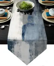 Blue and Grey Table RunnerBlue Abstract Modern Art Burlap Table Runners for T...
