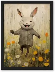Artery8 Raincoat Rabbit Happy Bunny Flower Meadow Kids Girls Bedroom Nursery Artwork Framed Wall Art Print 18X24 Inch
