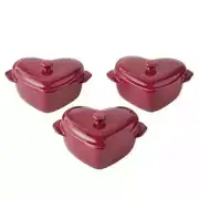 Pioneer Woman Mini Hearts Ceramic Baking Dish W Lid 3Pc Merlot Casserole Cocotte