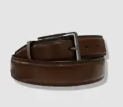 Perry Ellis Men Brown Black Leather Reversible Silver Buckle Dress Belt Sz 34
