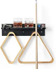 ikkle Wall Mount Pool Table Stick Holder, Billiards Pool Cue Organizer Rack with Ball Rack & Drink Holder, Hardwood Cue Organizer for 4 Sticks Storage, Black 40 * 11 * 11 cm