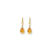 14k Yellow Gold 9x6mm Pear Citrine Checker leverback Earrings