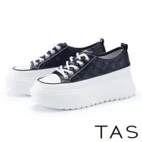 在飛比找momo購物網優惠-【TAS】可愛真皮壓紋綁帶厚底休閒鞋(黑色)