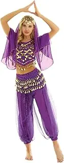 [Aislor] Womens Belly Dance Costume India Dance Crop Top with Harem Pants Hip Scarf Head Scarfs