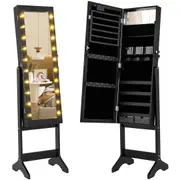 Costway Mirror Jewelry Cabinet 4 Tilt Angles Standing Jewelry Armoire Organizer w/20 Lights Black