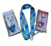 Lilo And Stitch Cartoon Stitch Blue Lanyard + 2 Keychains Figure Stitch & Angel