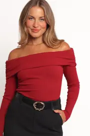 [PUP14] Thomsie Off Shoulder Knit Top - Berry XS Red