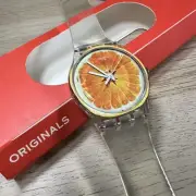 NEW✅ Swatch VITAMINE BOOST ORANGE Silicone Skeleton Clear Watch 34mm SUOK115