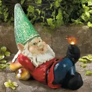 Solar LED Happy Gnome with Bird Garden Statue Sculpture Outdoor Patio Yard Décor