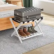 Fully Assembled White Luggage Rack, Upgraded Bamboo Foldable Suitcase Stand with 5 Nylon Straps, Luggage Holder with Shelf for Guest Room Bedroom Hotel (White Luggage Rack 1pcs)