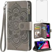 Asuwish Compatible with iPhone 7plus 8plus 7/8 Plus Wallet Case and Tempered Glass Screen Protector Leather Flip Card Holder Cell Phone Cover for i Phone7s 7s + 7+ 8s 8+ Phones8 7p 8p Women Men Grey