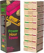 Power Hour Tower Adult Party Game - 48 Hilarious Wooden Blocks - Either a Game, Prodding Question, Challenge or Task, for Game Night, Party, Pregame, or Bachelorette & Bachelor Activity