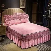 Bed Valance Skirt, High-Grade Luxury Bed Skirt Four Seasons Pure Cotton Thicken Bedspread Lace Zipper Soft Dust-Proof Bed Cover Skirt Double Layer Lace Bed Skirt Wrap Non-Slip Sheets Bed Sheet Zipper