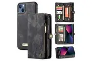 CaseMe For Apple iPhone 13 Mini Zipper & Detachable Retro Leather Pouch Wallet Flip Purse Bag Detachable Phone Case Cover (Black)