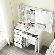 Dressing Table with Mirror and Lights, Small Makeup Vanity with Sliding Mirror, Drawers,Shelves,Stool,3 Color Lighting Modes,Modern Vanity Table Dressing Table for Bedroom