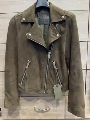 All Saints Army Olive Green Suede Dalby Biker Jacket, BNWT, Size XXS/00
