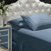 Royal Comfort Sheet Set 1200TC Damask Stripe Luxury Ultra Soft, 1 x Flat Sheet 1 x Fitted Sheet 2 x Pillowcases (4 Pcs, King, Blue Fog)
