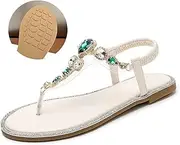 [ETORYOOX] Women's Boho Casual Open Toe Flat Flip-Flop Sandals,Comfortable Non-Slip Rhinestone Ankle Strap Summer Flat Sandals, for Beaches Pool Party
