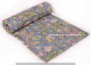 Queen Gray Floral Printed Summer Kantha Quilt Cotton Home Dorm D?cor Blanket