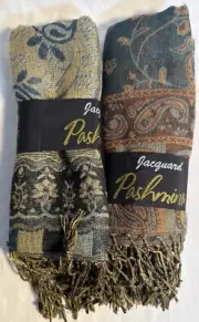 Women Scarf Jacquard Scarves Paisley Pashmina Shawl Wrap Teal Blu/Gld (2)