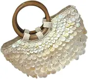 [Generic] Handmade Shell Beach Bag With Wooden Handle Styles Vacation Handbag For Women Travel And Evening Event